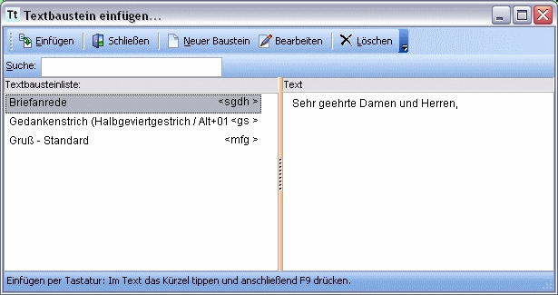 Menü Einfügen Textbaustein Dialog Textbaustein einfügen