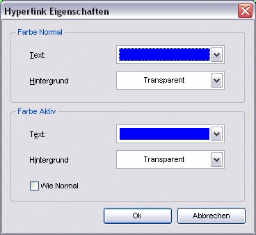 Menü Einfügen Hyperlink Unterdialog Hyperlink Eigenschaften