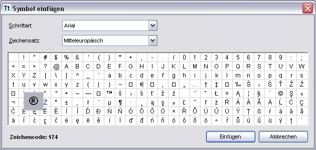 Menü Einfügen Dialog Symbol einfügen