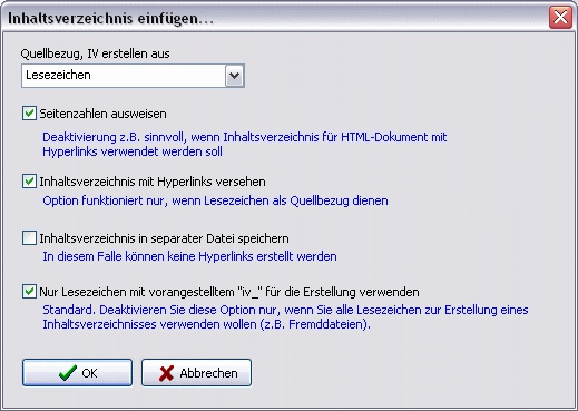 Menü Einfügen Inhaltsverzeichnis Dialog Inhaltsverzeichnis IV einfügen
