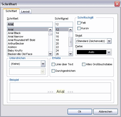 Menü Zeichen Dialog Schriftart Register Schriftart