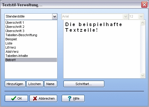 Menü Zeichen Textstile verwalten Dialog Textstil-Verwaltung
