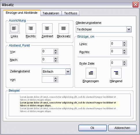 Menü Absatz Dialog Absatz Register Einzüge und Abstände