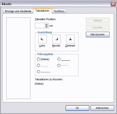 Menü Absatz Dialog Absatz Register Tabulatoren