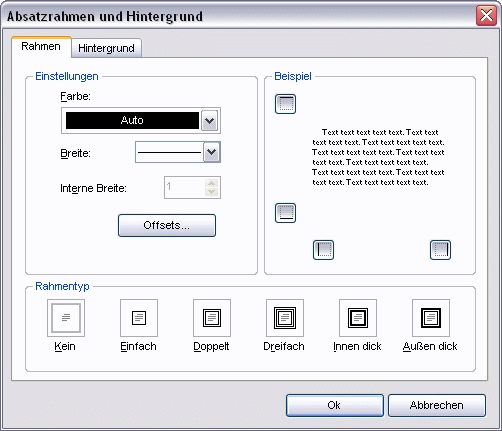 Menü Absatz Dialog Absatzrahmen und Hintergrund Register Rahmen