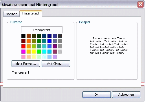 Menü Absatz Dialog Absatzrahmen und Hintergrund Register Hintergrund