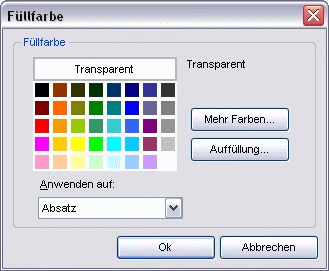 Menü Absatz Hintergrundfarbe Dialog Füllfarbe