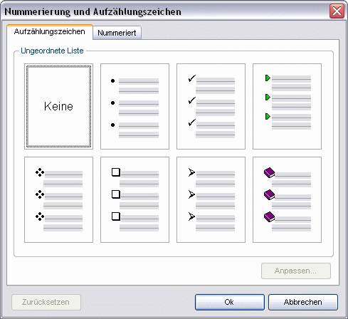 Menü Absatz Dialog Nummerierung und Aufzählungszeichen Register Aufzählungszeichen