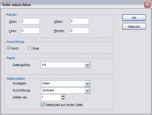 Menü Seite Dialog Seite einrichten