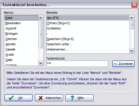 Menü Extras Tastaturbelegung Dialog Tastenkürzel bearbeiten