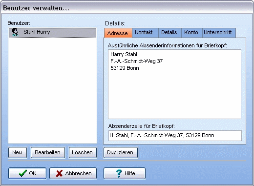 Menü Extras Benutzer verwalten Dialog Benutzer verwalten