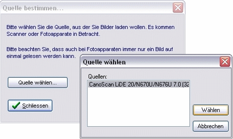 Menü Extras Scanquelle wählen Dialog Quelle bestimmen
