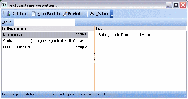 Menü Extras Textbausteinliste verwalten Dialog Textbausteine verwalten