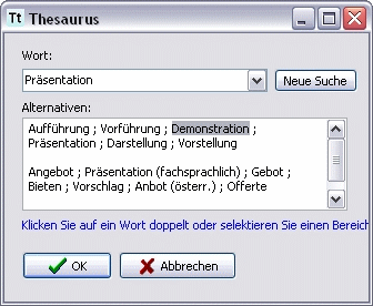 Menü Extras Thesaurus Dialog Thesaurus