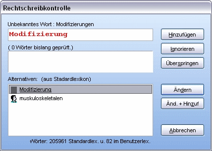 Menü Extras Rechtschreibprüfung Dialog Rechtschreibkontrolle