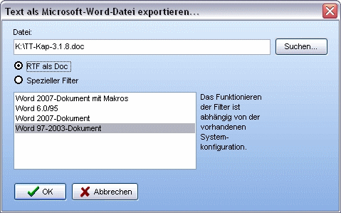 Menü Datei Dialog Text als Microsoft-Word-Datei exportieren
